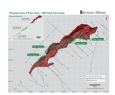 Figure 1. Phoenix Zone A plan view showing Test Areas delineated for ISR field testing. (CNW Group/Denison Mines Corp.)